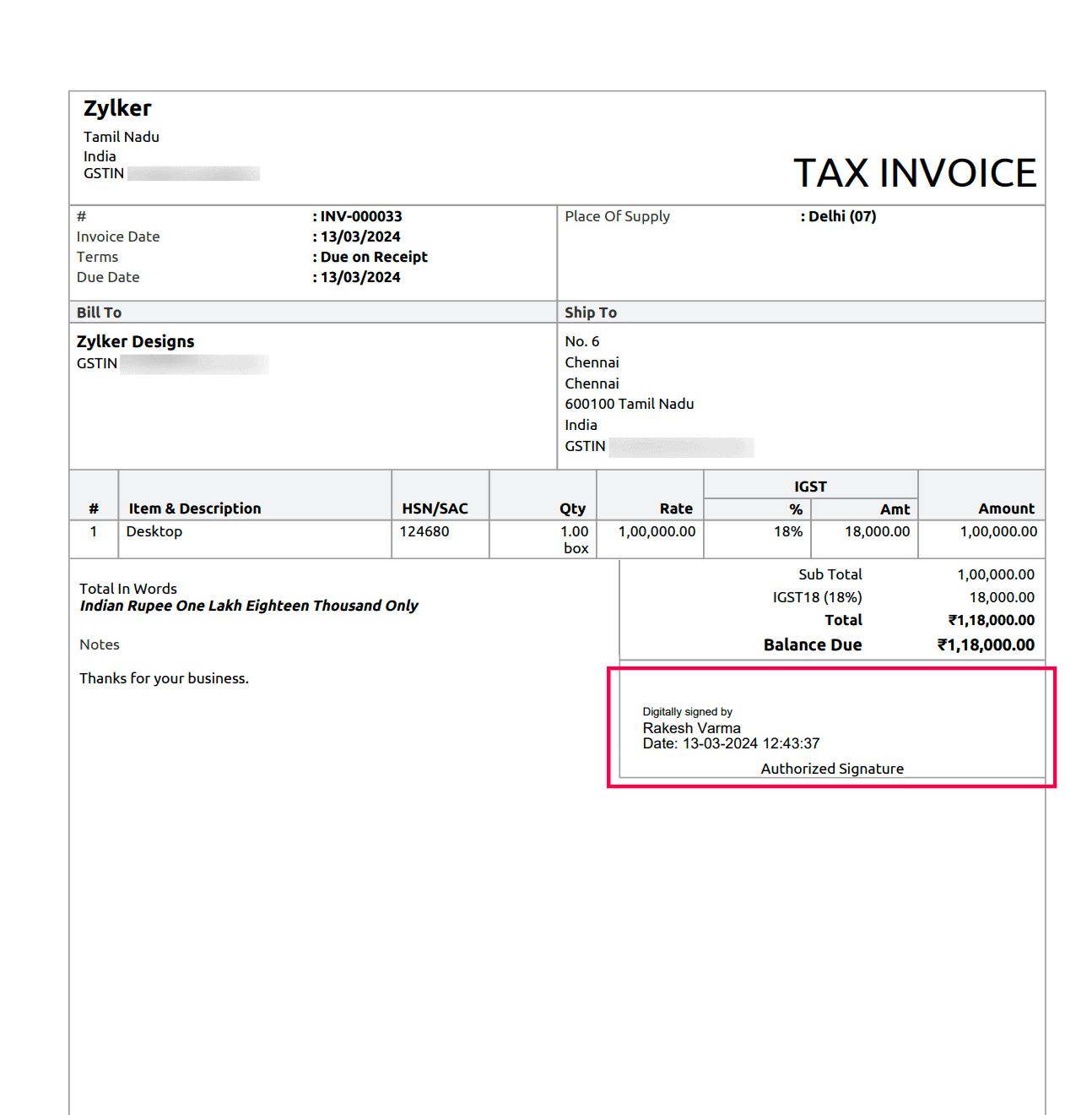 Signed Invoice