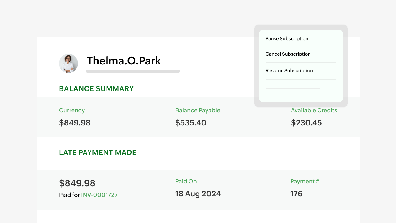 Preview of Zoho Billing's customer portal Preview of Zoho Billing's customer portal