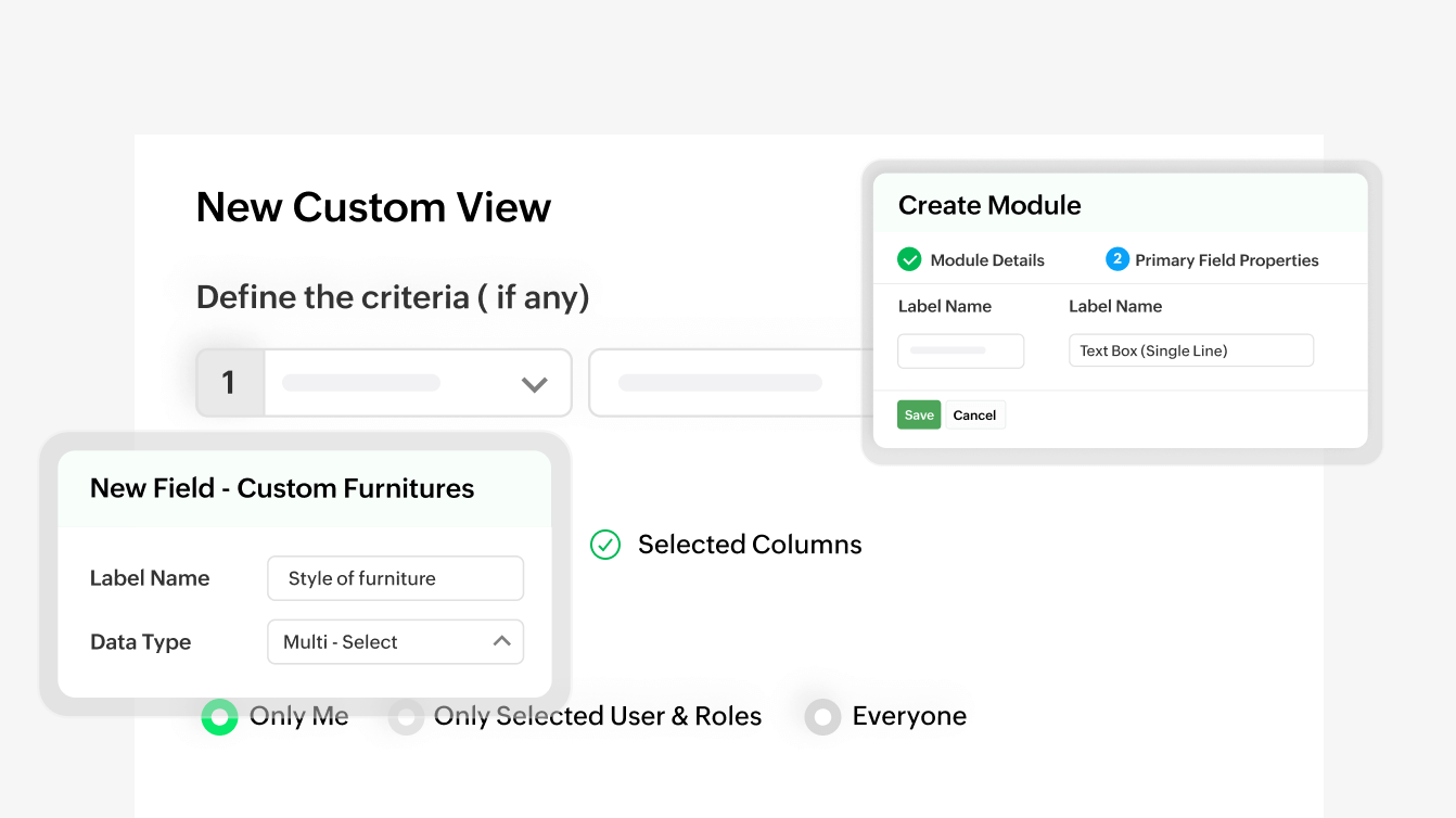 Image displaying the configuration of custom modules and custom fields | Zoho Billing Image displaying the configuration of custom modules and custom fields | Zoho Billing
