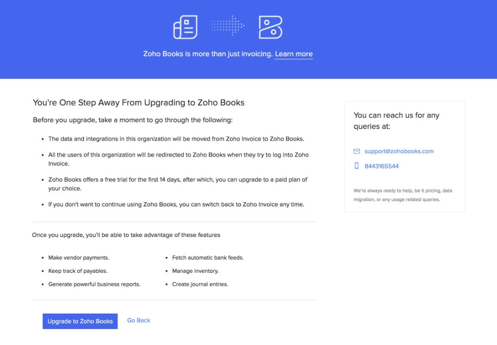 Upgrade to Zoho Books