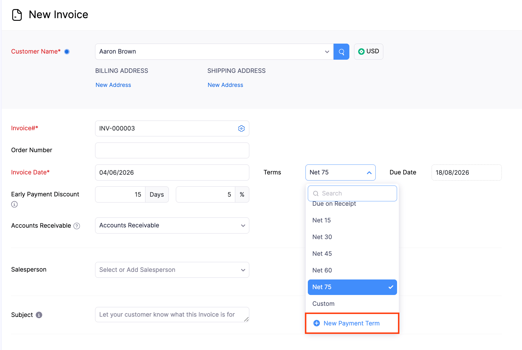 Invoice Terms Dropdown