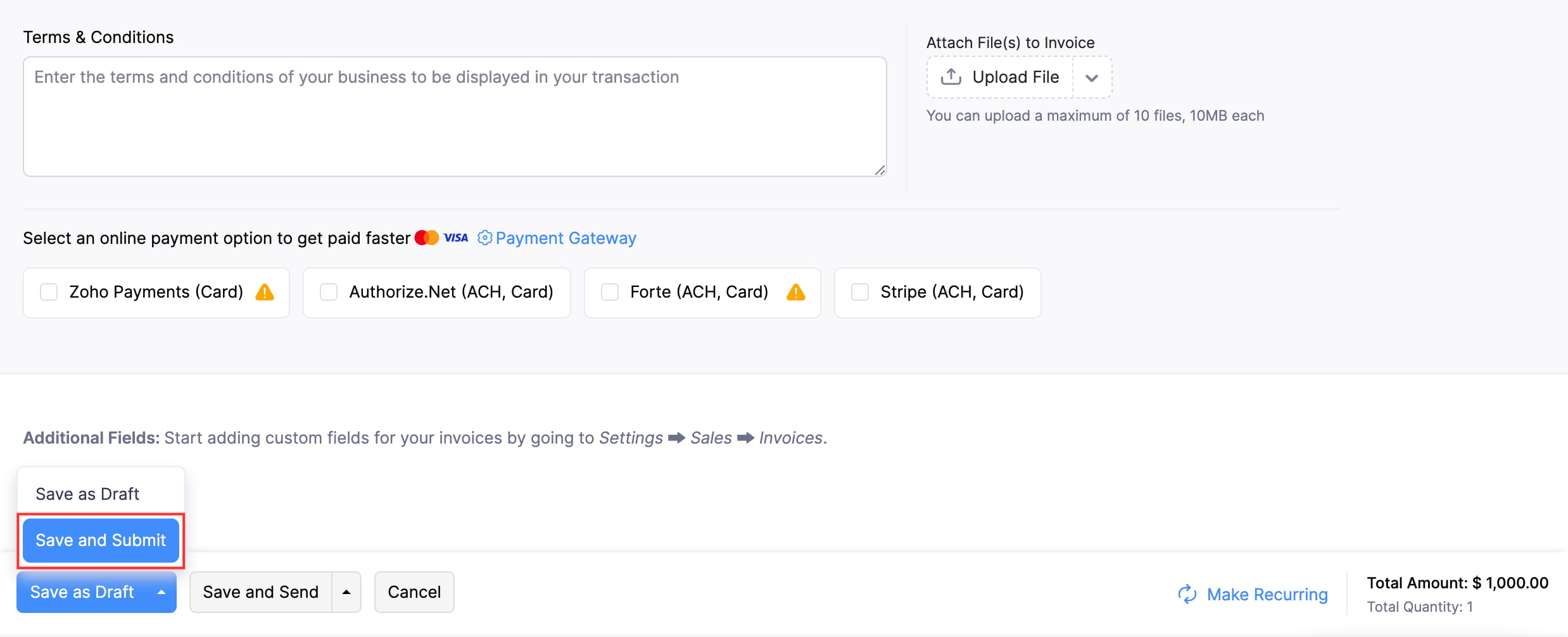Click Save and Submit to submit the transaction for approval