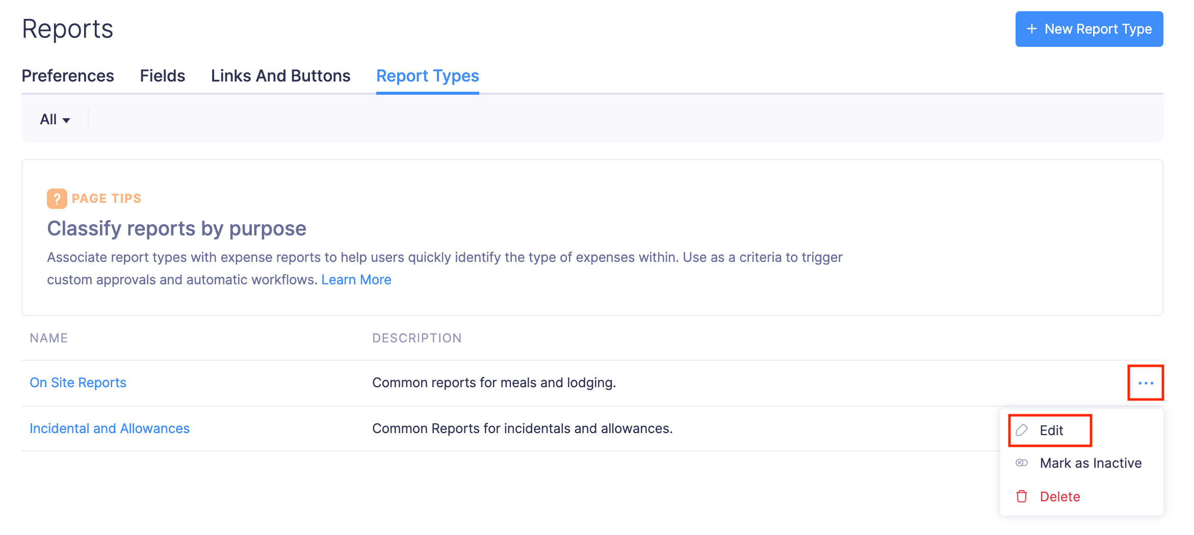 Edit Report Types