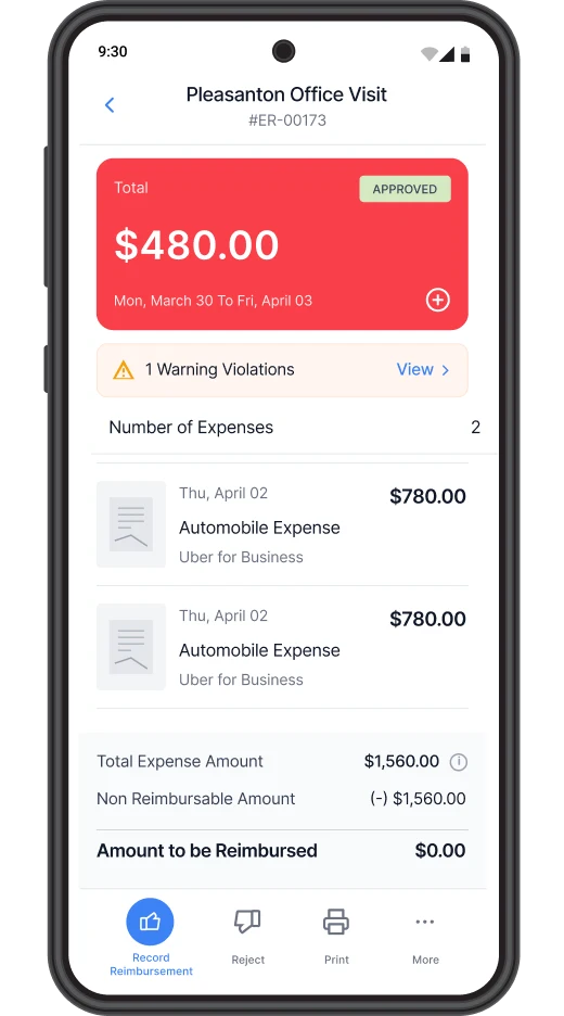 Reimbursements in Zoho Expense Android app