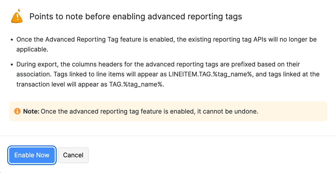 Enable Reporting Tags pop-up