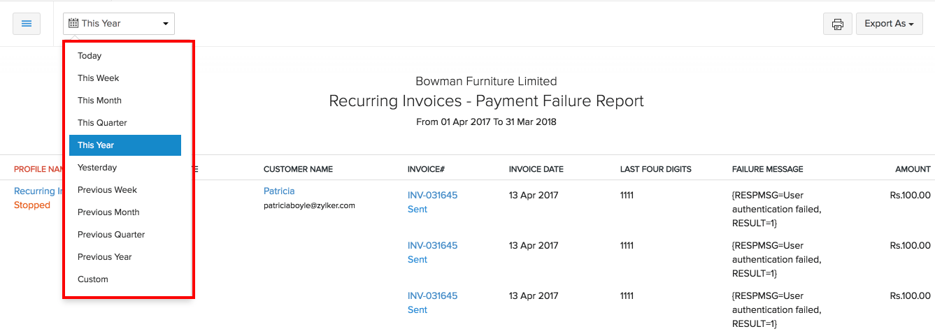 Payment Failure report filter