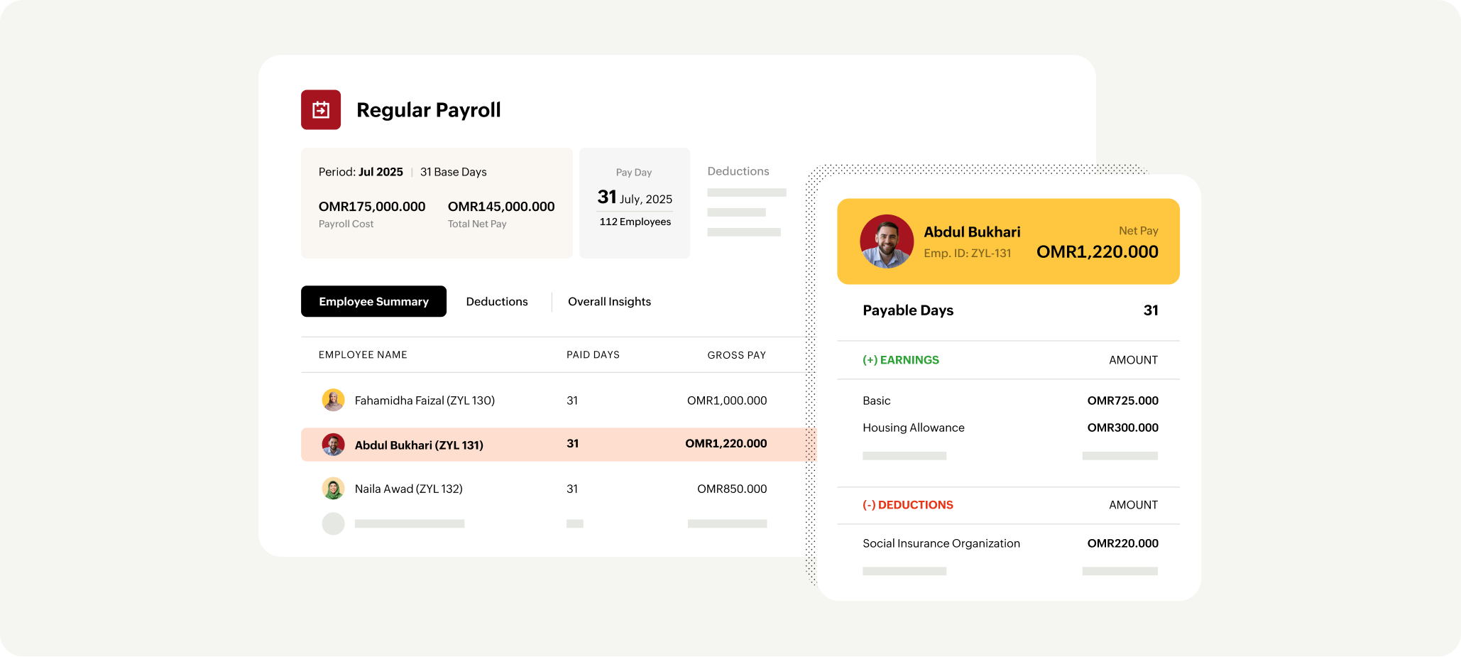 Image depicting the payroll steps in Zoho Payroll Oman