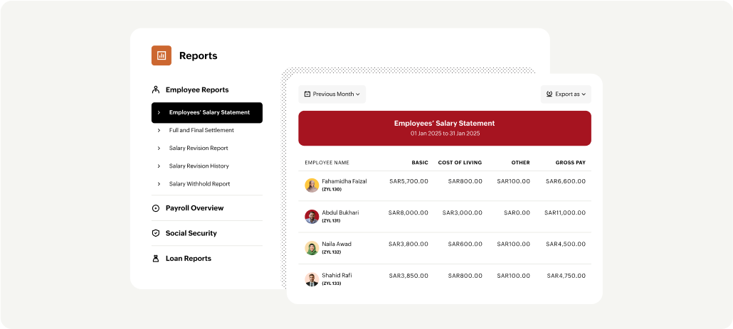   Screenshot of reports generated by Zoho Payroll saudi